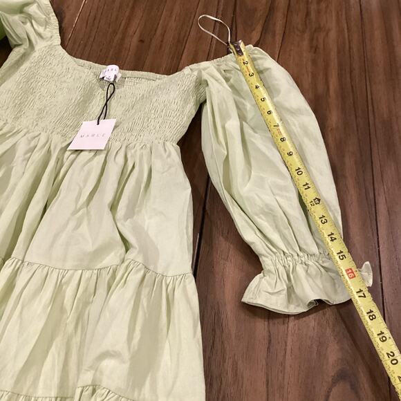 Mable Emory Smocked Ruffle Babydoll cotton mini dress NWT light green olive S - Picture 10 of 10